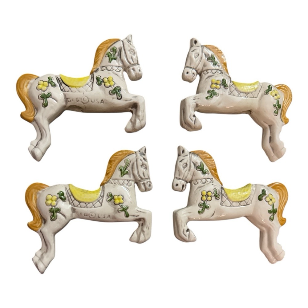 Gigi USA Folk Art Vintage Ceramic Horse Candle Holders Set 4 Handpainted 1950s
